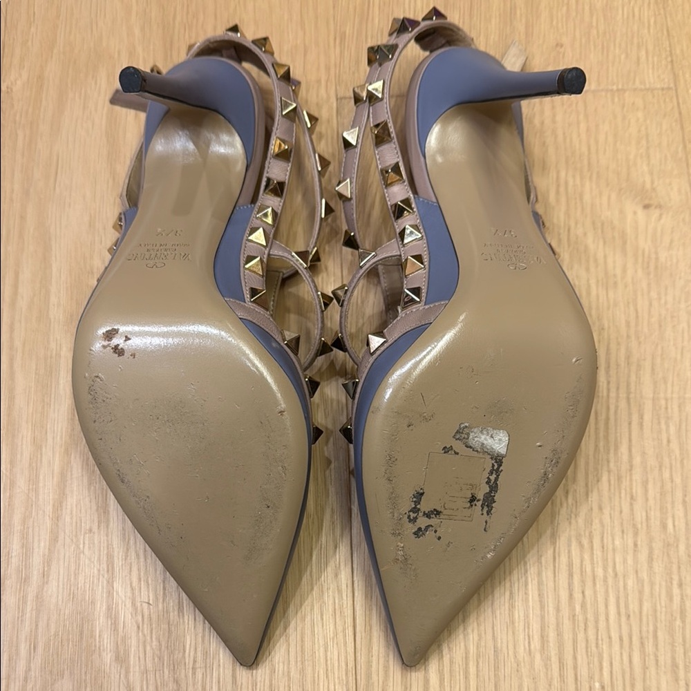 Valentino Rockstud T-strap Blue and Tan Studded Slingback Heels - Picture 4 of 9